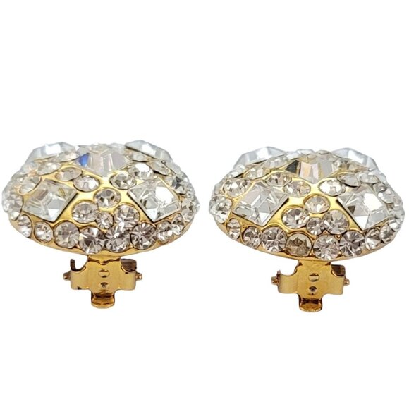 Jarin Gold Tone Round Clear Rhinestone Clip-On Earrings, Signed E971 - Picture 5 of 8